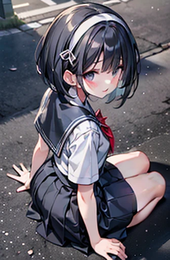 Body eight times longer than head, (Highly detailed CG Unity 8k), (Highest quality)，(Very detailed)，(Ultra-high resolution), Black Hair, High school girl wearing a navy sailor suit, Anime 2D Rendering, Realistic young anime school girl, ((White headband)),...