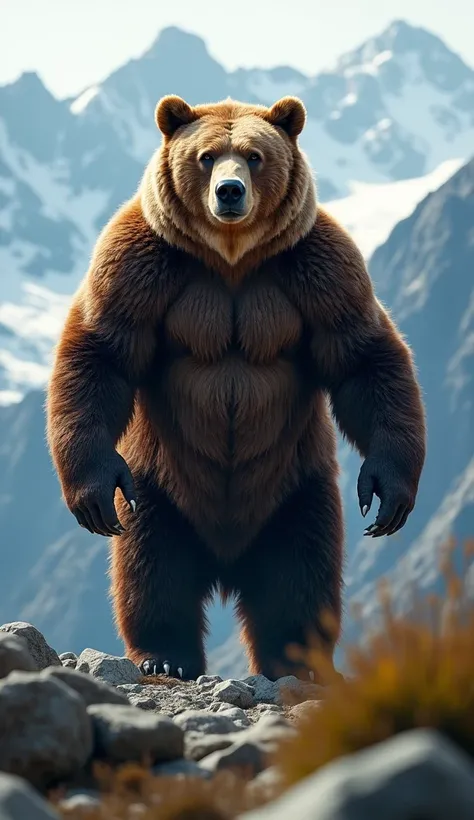 A powerful grizzly bear, with dense fur and sharp claws, modern era, standing tall at over 2 meters, in a rugged mountainous terrain, with imposing mountains in the background, close-up shot, hyper-realistic, photo realism, cinematography --ar 9:16.