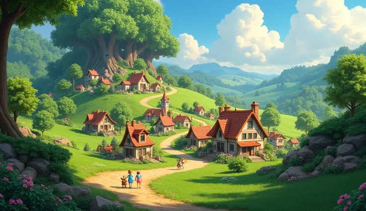 Quaint Village Setting:A picturesque village with rolling hills and lush forests in the background. 3d animation ,disney and inspiration