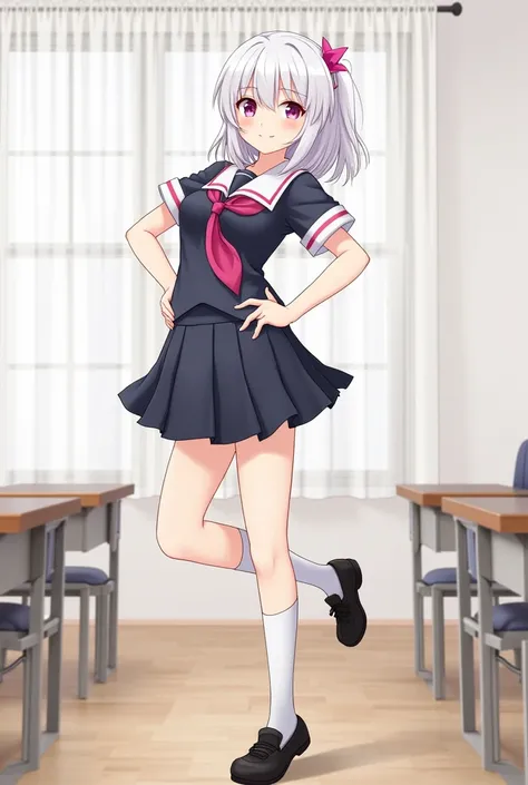 	• Character Appearance: White-haired female character、Pink ribbon in her hair。The expression is a little mischievous.、Confident。
	•clothing: Wearing uniform-like clothing、Design with accents such as ties and ribbons。She is wearing white knee-high socks an...