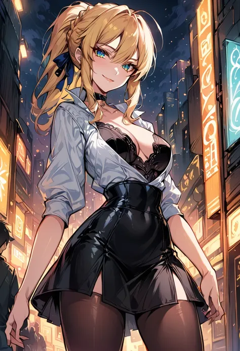 score_9, score_8_up, score_7_up, score_6_up, rating_safe, source_anime, BREAK beautiful Artoria Pendragon (blonde, braid, ribbon, hair ribbon:1.2), sexy smirk, BREAK tight leather skirt, wrap blouse, high heels, choker, BREAK walking in downtown Tokyo, neo...