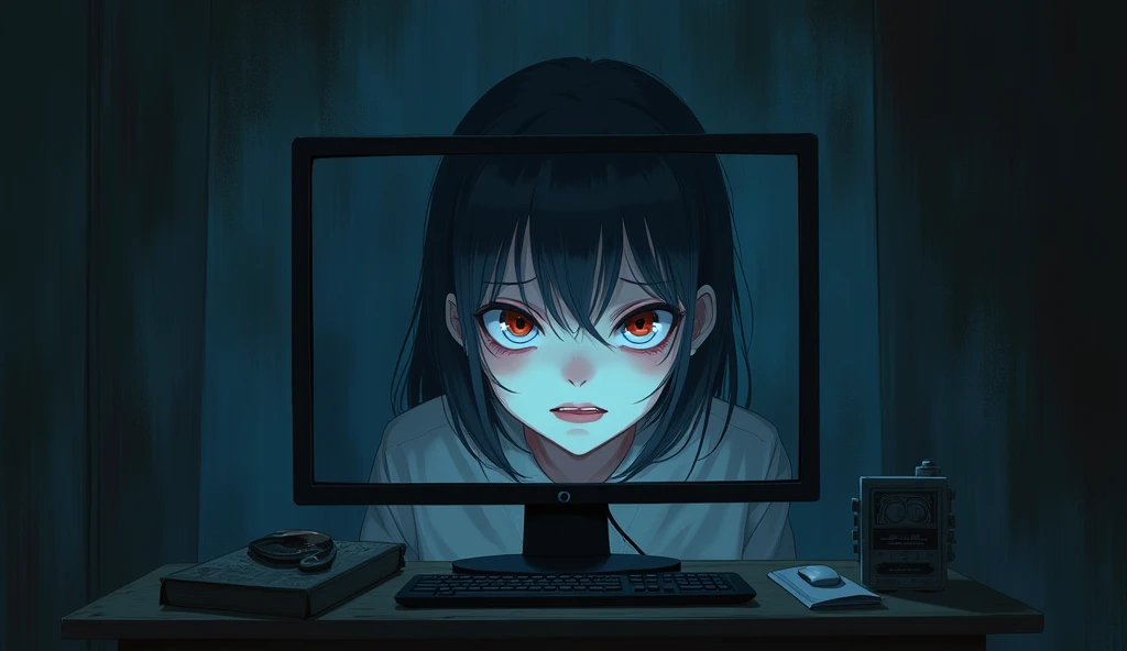 (best quality, masterpiece, ultra detailed), (anime:1.5)、mysterious、Suspenseful Tone、Dark tones and shadows、A little creepy atmosphere、Surrealism、Dark fantasy、A woman on the monitor is looking at me with an evil expression, pleading for something.