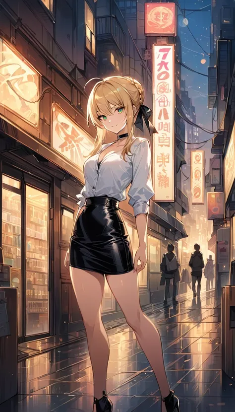 score_9, score_8_up, score_7_up, score_6_up, rating_safe, source_anime, BREAK beautiful Artoria Pendragon (blonde, braid, ribbon, hair ribbon:1.2), sexy smirk, BREAK tight leather skirt, wrap blouse, high heels, choker, BREAK walking in downtown Tokyo, neo...