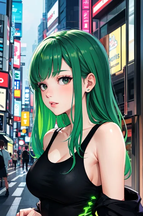 ((masterpiece)), (((best quality))), chromatic lighting,
colorized, green + white limited color palette, 
detailed concept drawing,
Shibuya street girl, cyberpunk, futuristic,
portrait, 20yo 1girl, medium soft breasts, slender, tanktop, long green hair, bl...