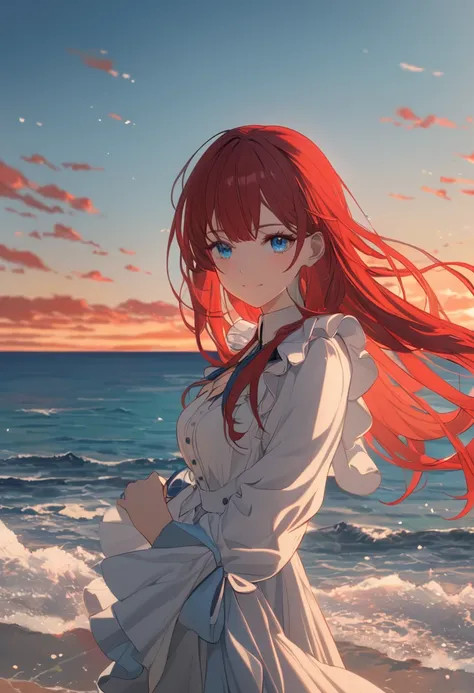 best quality, 8K, high res, ultra-detailed, cinematic lighting,1girl,bright red hair,long hair,blue detail eyes, delicate ocean,seaside,,sunset