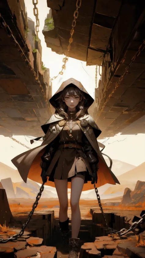 Epic illustration of a beautiful, fierce girl with a glowing Bitcoin symbol on her face, emerging from the ground with cracked, earth-covered arms and legs. She wears a hooded jacket, and the background features a brown, cracked earth landscape with digita...