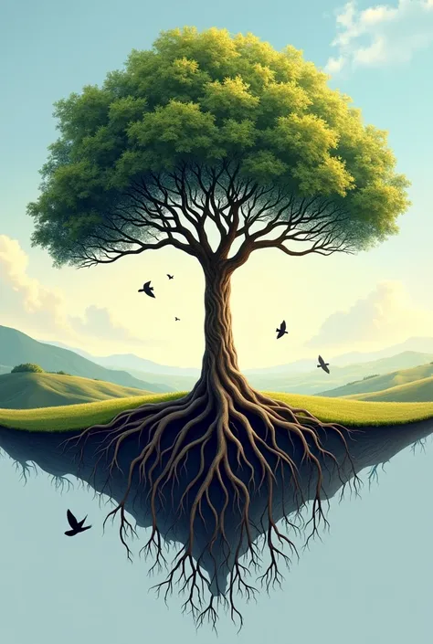 Design: A tree with deep roots and reaching branches.Elements:The tree represents growth, stability, and the journey of life. The deep roots symbolize a strong foundation, while the branches reaching towards the sky signify aspirations, dreams, and continu...