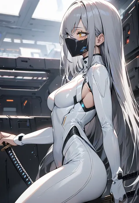 1girl,white cyber suit,grey hair,long hair, straight hair, shocks, black katana,Iai,from side, Black mask, yellow eyes, narrow eye, overwrought,masterpiece,best quality, ultra detail, beautiful eyes,perfect hand,