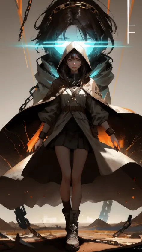 Depict a determined and strong girl with a Bitcoin symbol glowing on her face, rising from a cracked, brown earth landscape. She is wearing a hooded jacket, and her legs and arms are covered in earth and roots, merging with the ground. The background showc...