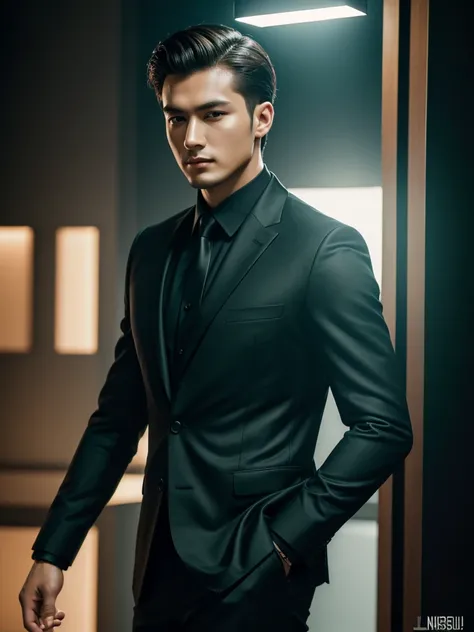 ((masterpiece)), ((best quality:1.2)), high resolution, 8k, (ultra_realistic:1.3), (photorealistic:1.4), (absurdres), sharp focus, highly detailed, (high quality), (masterpiece), handsome man, 25 year-old. Korean, 2,
 normosthenic, black suit, green eyes, ...