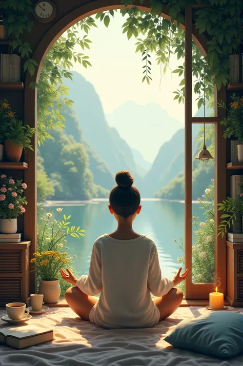 A serene scene, like someone meditating in nature, a cozy corner with a book and tea, or a peaceful bedroom with soft lighting.