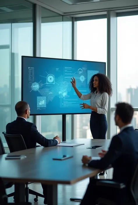 A 30-year-old woman with curly black hair, dressed in a white blouse and black pencil skirt, leads a business meeting in a glass-walled boardroom, gesturing towards a digital presentation on a large screen.