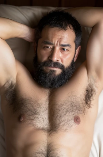 Japanese Mature Man　Skinhead　Gray Hair　Long Beard　Bushy, thick chest hair　Very large nipples　Bushy armpit hair　Very hairy body　Bristles　manly　Chubby body type　Serious expression　Sunburned skin　Bedroom