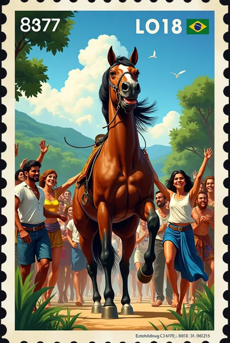 Create a postage stamp with an image of Brazil&#39;s independence with the Brazilian peoples with a horse
