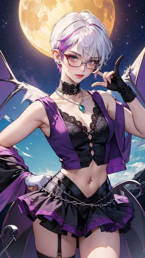 8k, masterpiece, best quality, highly detailed, 1 girl, tiefling, warlock, pixie cut, multicolored hair, very short straight hair red highlight hair on white hair, strippled hair, wearing glasses, round glasses, earrings, navel piercing, red eyeshadow, lon...