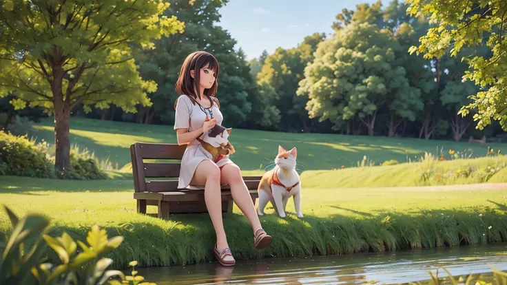 make a picture of a beautiful girl in her 20s, casual, on the riverbank with her cat in the countryside.