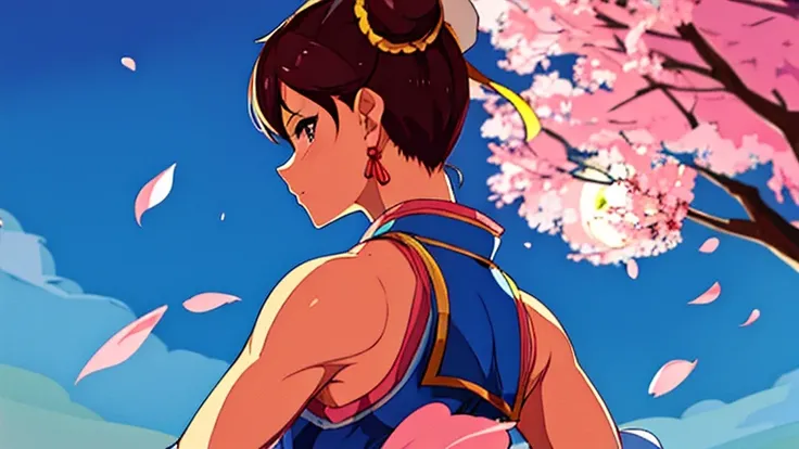 Street Fighter Chun-Li　Looking Back　moon　Cherry Blossoms at Night　Japanese style　China dress