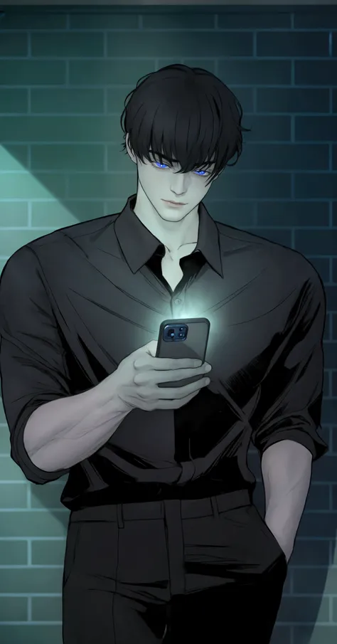 A man was playing on his cellphone in the middle of the night, he handsome, black hair, eyes color true sapphire