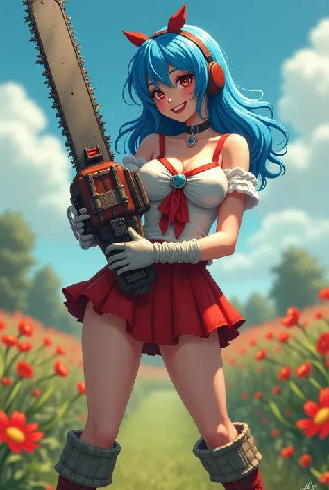 Beautiful blue haired woman girl holding a chainsaw in her hands, chainsaw with large teeth, full cup wearing over duct showing red and white schoolgirl outfit soldier boot glove big smile voluminous breasts simple neckline slender body countryside landsca...