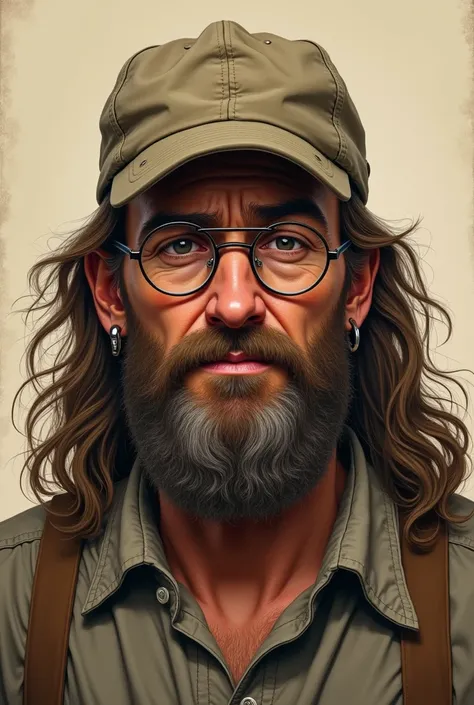 ((Highest quality)), ((masterpiece)), (detailed), Beige background,Early Afternoon,Long-haired man,Long Beard,hunting帽子,hunting,cap,Drunk,,musician,lyricist,Mustache,Round Glasses,poison々A funny expression,Work shirts,Early Afternoon,front,真front,Earrings,...