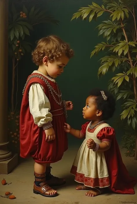 I need you to make me an image from the 1490s in Colombia about the son of a king and he is 2 and a slave and she is  looking at each other with a little love,WITHOUT TOUCHING EACH OTHER  ,for school 