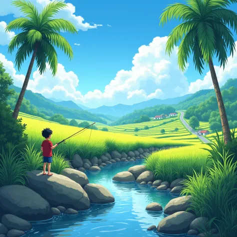 very detail painting of a distance rice farm, village road, a boy fishing near small rocky river, coconut trees, beautiful scenery, tropical heaven, anime countryside landscape, anime landscape wallpaper, sharp outlines, anime landscape, beautiful anime sc...