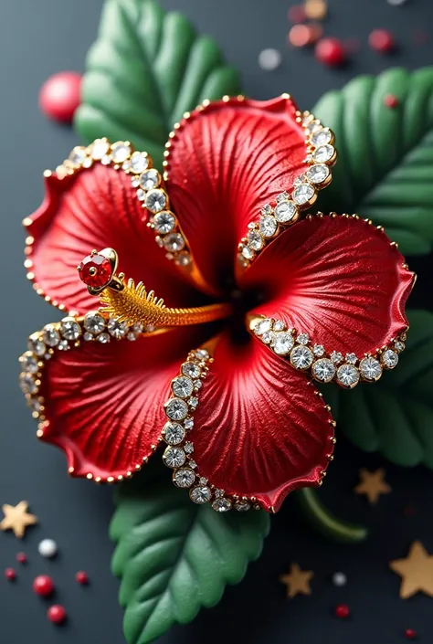 Brooch hibiscus shape with glittering diamonds arranged like malaysia flag