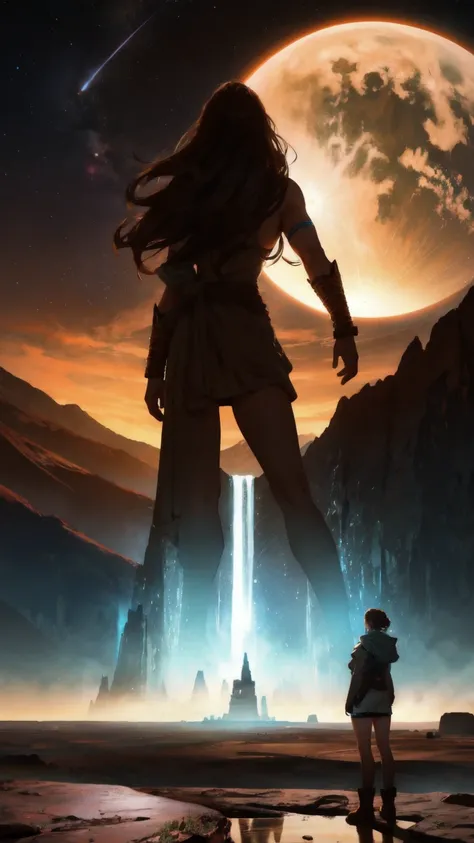 A colossal girl made of stone, towering over a brown landscape filled with rocky mountains and craters. Her muscular form is emerging from the ground, with chunks of rock floating around her, symbolizing immense strength. A distant planet and galaxy in the...