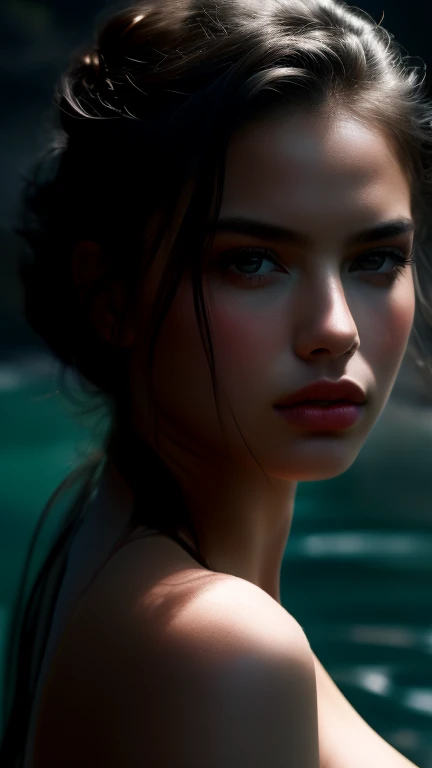 Intense portrait captures the essence of fluidic physical beauty, Sharp focus on the subject, intriguing woman, (Adriana Lima:0.8), detailed eyes lips face hair, cinematic lighting, river,nude masterpiece,Dolby Vision,shot on canon eos r1