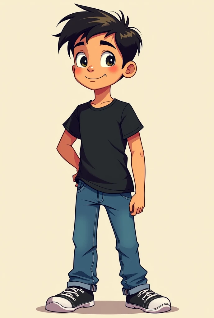 Create a image of a teenager boy with average height wearing black tshirt and blue jeans black hair in 2d animation style  