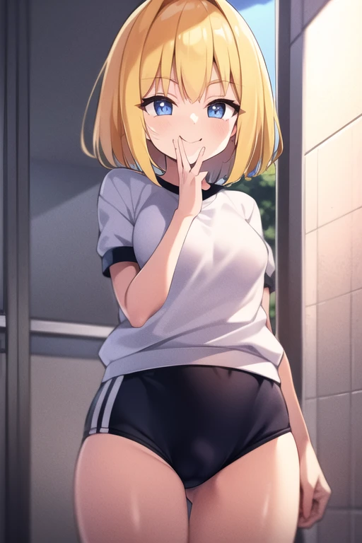 Bloomers, black Bloomers, (White short-sleeved gym uniform), School, ground, Sports Conference, ((Highest quality)), ((masterpiece)), (detailed), Perfect Face, Perfect Arms, Perfect hands, Perfect Fingers, anime, Ultra-fine Illustration, ((1 person)), 1 pe...