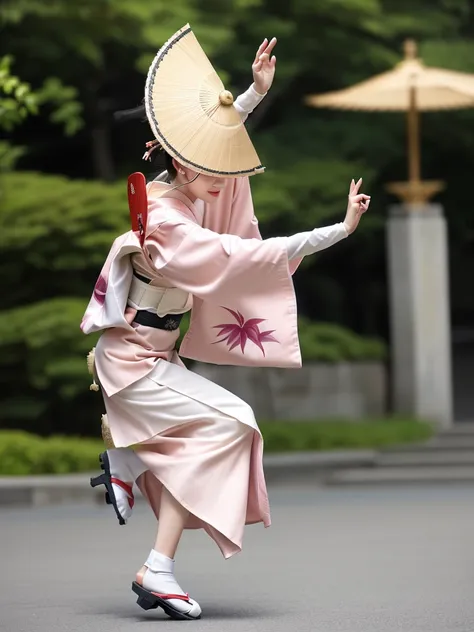 photo-realistic quality、a woman wearing a pale pink kimono and a hat is in the park,white sleeves、grass square、 traditional japa...