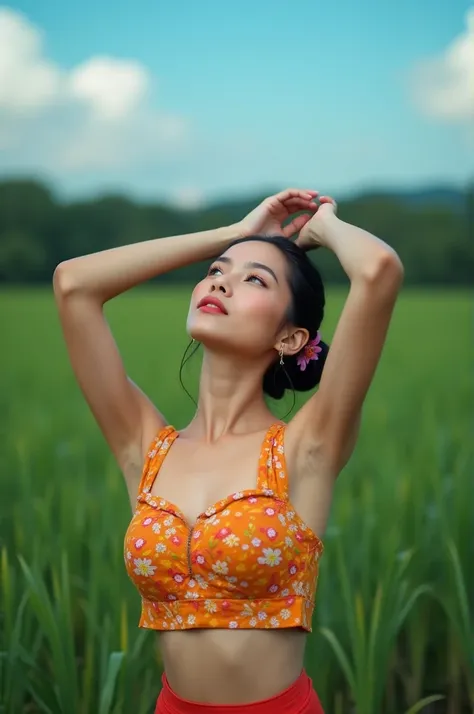 This photo shows a Thai woman wearing a crop top, posing with her hands on her head and looking up at the sky.