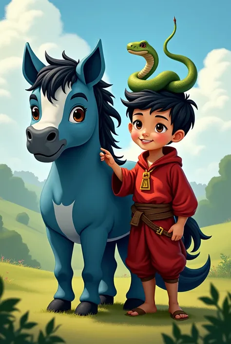 One small boy with blue horse and he with red clothe and snake on his head
