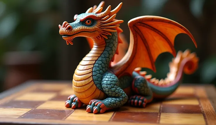 A wooden figure made of wood with intricate details, placed on a chessboard. The chessboard is crafted with precision and attention to detail, adding to the overall aesthetic of the scene. The wooden figure is a dragon, beautifully designed and carved to b...