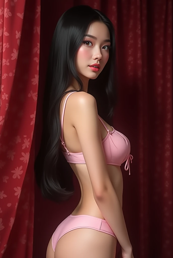 Create a highly realistic, photorealistic image of a young woman with long, straight black hair and fair skin, styled in a light pink lingerie set with a satin bow in the center. She should have large, expressive eyes with long lashes, light makeup with a ...