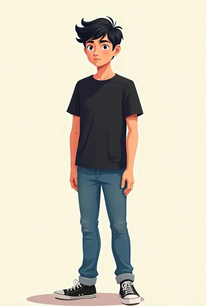 Create a image of a teenager  boy  with average height wearing black tshirt and blue jeans black hair in 2d animation style  