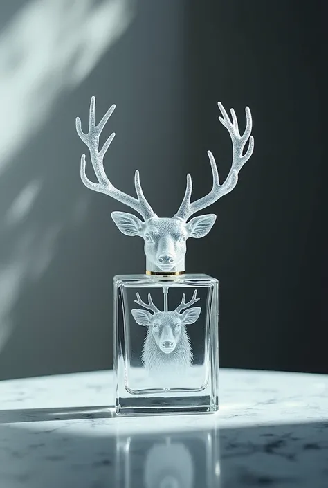 Perfume bottle with a deer head facing etched into the bottle The antlers form the stopper