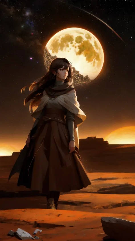 Depict a powerful, stone-like girl emerging from the cracked, barren earth, surrounded by a cosmic background. The landscape and sky are dominated by shades of brown, giving the scene an earthy, grounded feel. The girl’s form is partially covered in fragme...