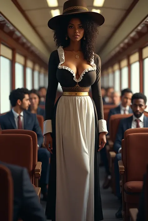 Hot cute fit tall thin African American black female. With fluffy hair. Massive xxl round breasts. Wearing a thin pligrim top hat. Wearing a white and black and brown pilgrim dress outfit. With pantyhose. Wearing pilgrim heels. Standing in the back of a tr...