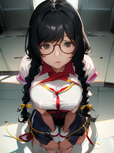 hanekawa tsubasa、Glasses、Black Hairの、Two braids、Large Breasts、 (Black Hair, Brown eyes, Round face), (Red Nose, Half-open eyes),, [Full Body Shot]、Glasses、Head to toe shot、Black Hairの、Bind the chest、Lifting with rope、あいNo fixes、Uncut、20+、Ahegao、Overflowing...