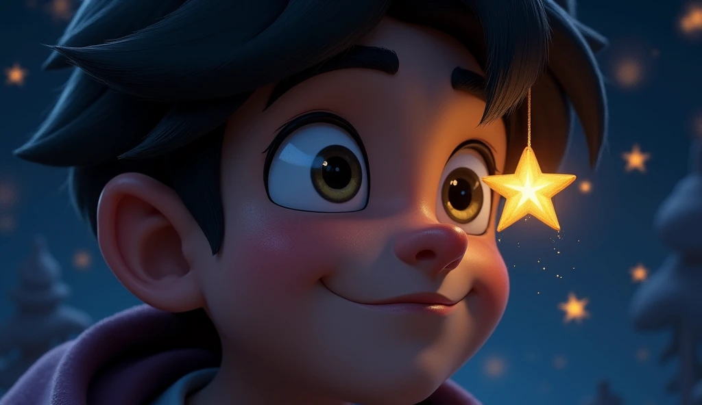 Close-up of Milios face, with a twinkling star in the night sky that appears to be winking. The background should show the dark sky filled with stars.