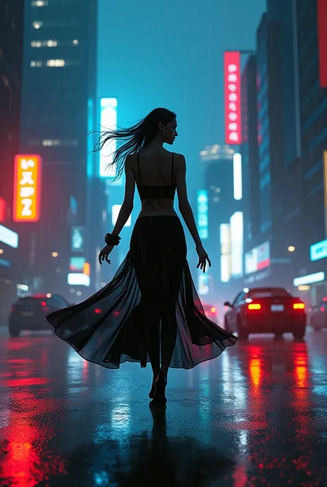 animated:1.5, (head of&#39;artwork, Best quality, high resolution, Fondo de pantalla de unidad de 32K, Extremely detailed CG:1), (weak illustration on stage:1.0), ((une jeune et belle femme habillée en noirdanser sous la rain:1.7 )),(( cyberpunk night city...