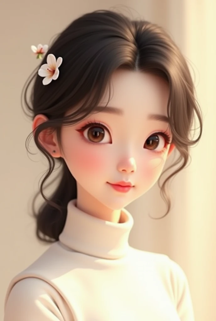 White beautiful 23 yearsold sweet korean 3d animated girl with a curly hair and flower in her head wearing white turtle neck dress in a cream background picture portrait