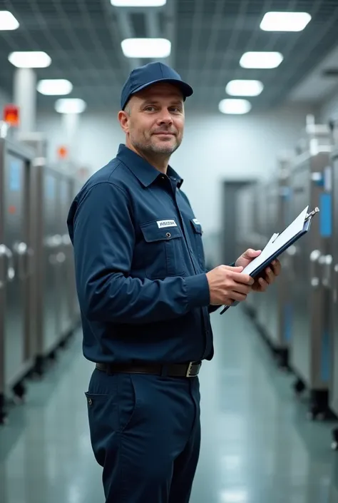 Man in uniform and equipment.p.i clipboard in hand working in the milk factory
