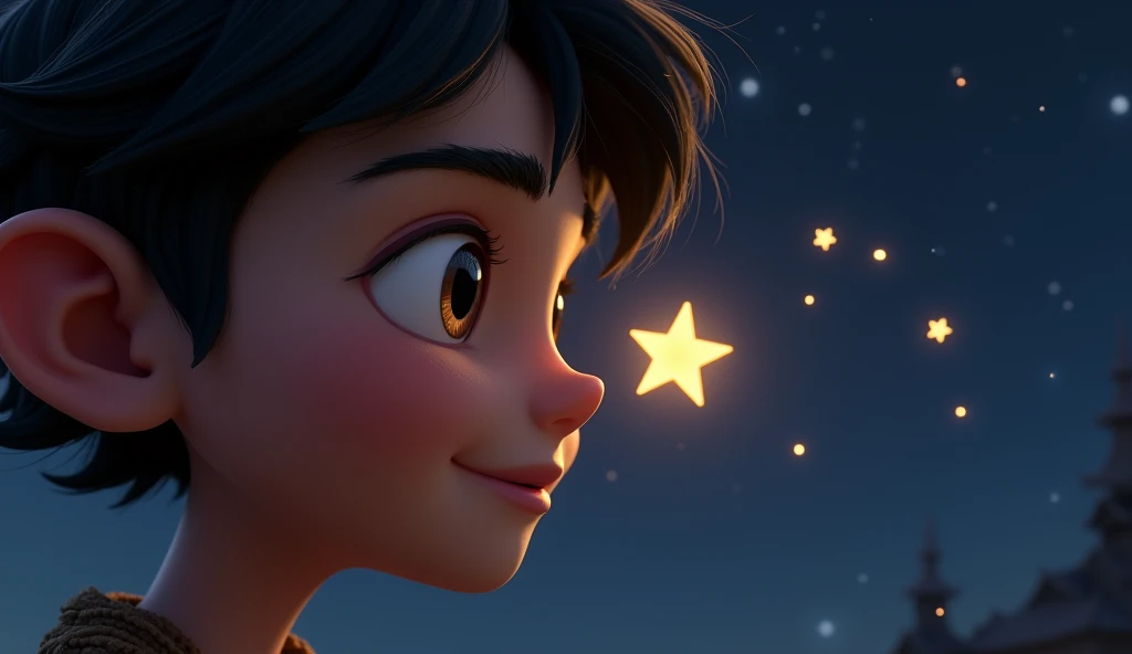 Close-up of Milios face, with a twinkling star in the night sky that appears to be winking. The background should show the dark sky filled with stars.