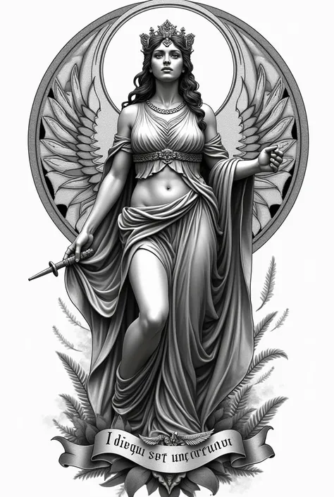 Tattoo design of the goddess of justice with the following phrase "I die unconquered"