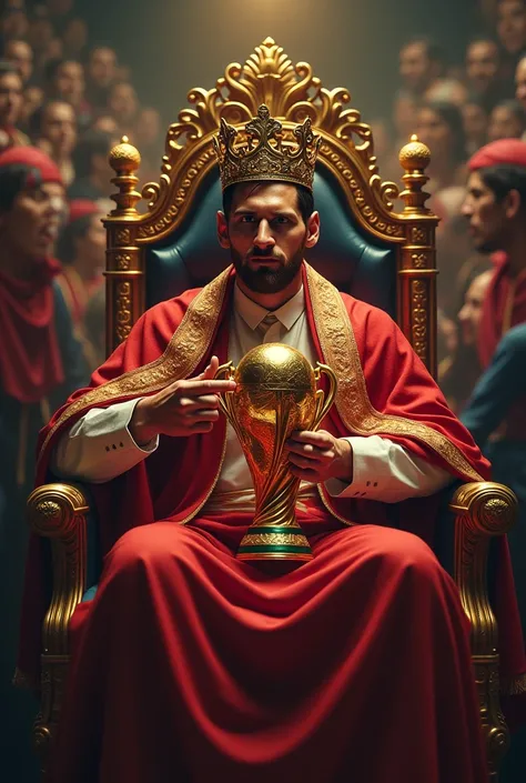 Messi as a king sitting  with his worldcup in his hand in his Kingdom with all his people 