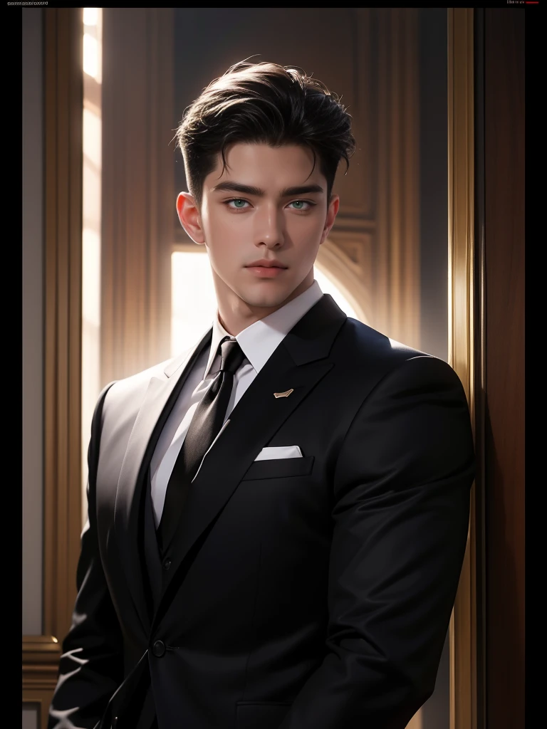 ((masterpiece)), ((best quality:1.2)), high resolution, 8k, (ultra_realistic:1.3), (photorealistic:1.4), (absurdres), sharp focus, highly detailed, (high quality), (masterpiece), handsome man, 25 year-old. Korean, 2,
 normosthenic, black suit, green eyes, ...