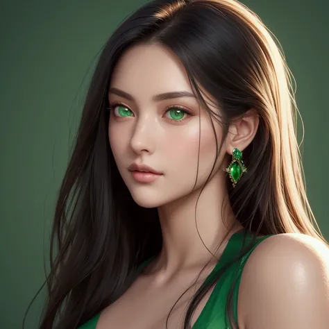 A sultry 2 European beauty, sporting long, black locks of hair that frame her striking features. Her piercing light green eyes sparkle like emeralds under the soft, delicate glow of a hyper-detailed photograph. The camera captures every delicate curve and ...